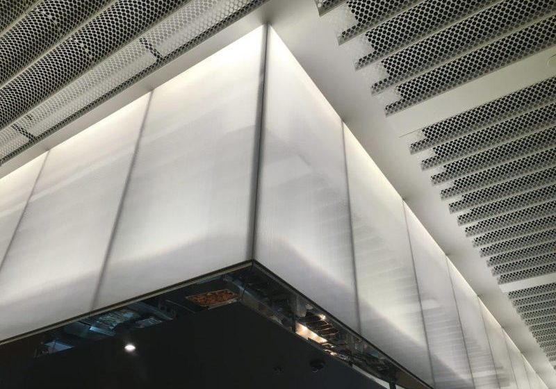 Barangaroo Cafeteria backlit interior Façade, Danpal® Seamless Facade detail looking up, 16 mm thickness. Ice White polycarbonate sheets. Sydney, Australia